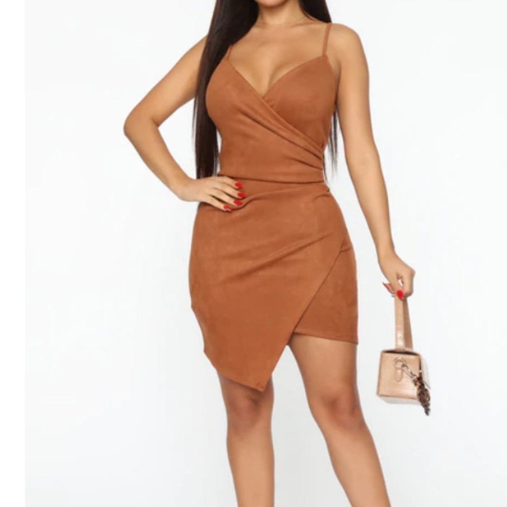 NWT Fashion Nova Good Beginnings Sued Mini Dress - Camel